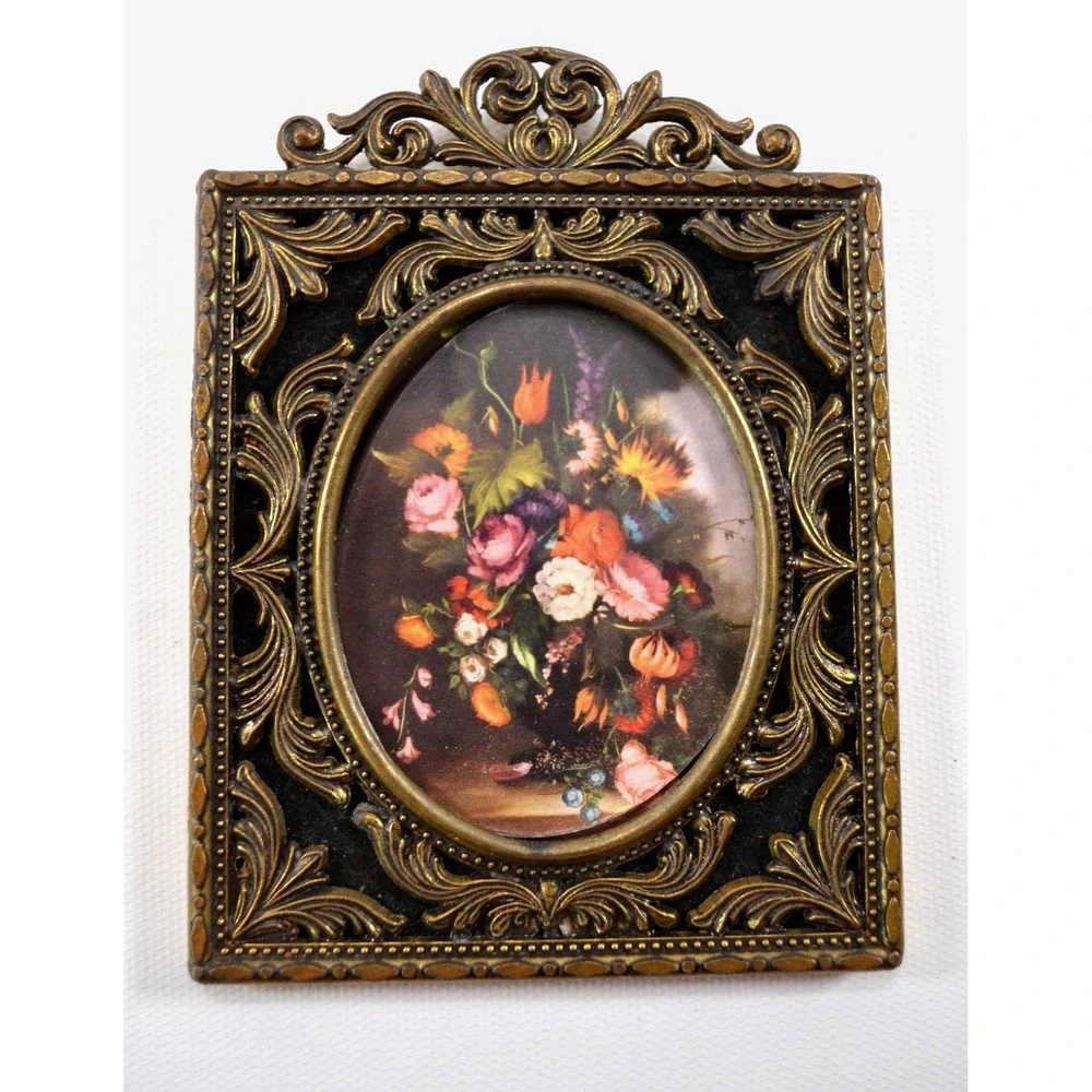 Pair of Vintage Ornate Brass Framed Floral Pictures Made In Italy Flocked 4x5.5